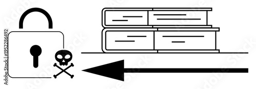 Data security concept. Lock, skull icon, books, and arrow cybersecurity threats to knowledge and information. Data security protecting digital and intellectual property. For cybersecurity, education