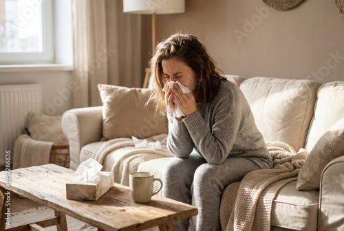 young woman at home feel sick wiping her nose with a tissue . seasonal allergies , pollinosis concept. 