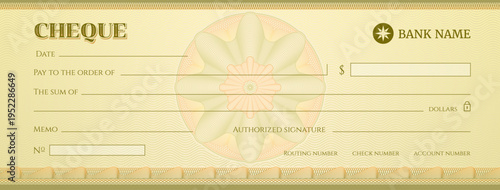 Bank cheque or payment check of blank paper checkbook for donate and charity, vector template. Bank cheque background with guilloche for money donation or payment bill coupon of paper checkbook