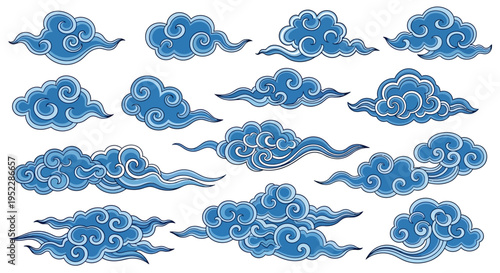 Vintage seamless vector pattern set featuring blue floral ornaments and sea shells with elegant water wave scrolls for decorative wallpaper borders and frames