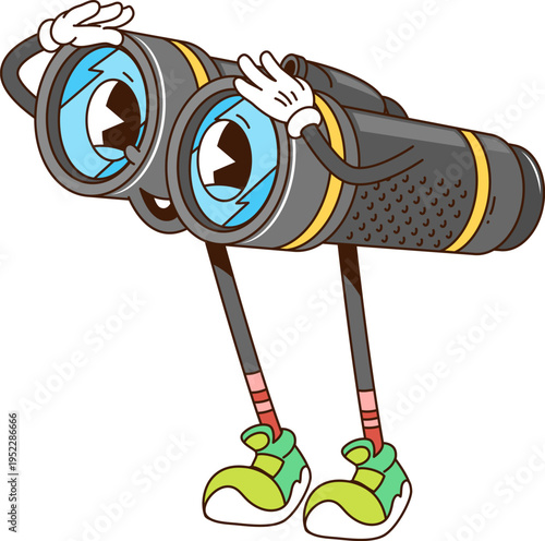Quadro em tela Cartoon groovy binoculars funky character with funny face, vector travel or camping object