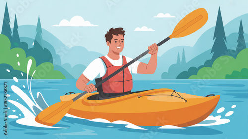 Man kayaking on serene lake with mountains and trees in background enjoying leisure outdoor activity