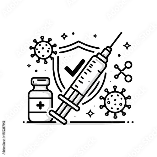 Medical syringe, vial, and stylized virus icons with shield, symbolizing vaccination and immune protection against illness and disease