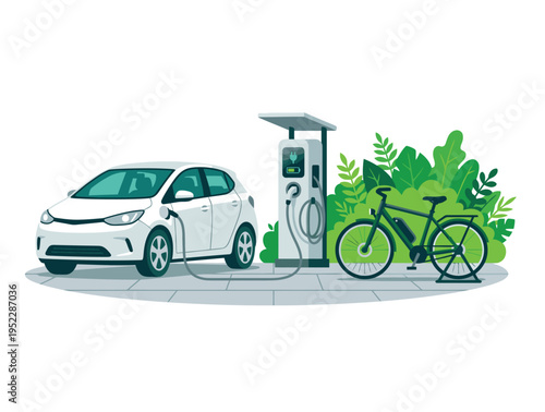 Electric Car Charging at Station with Bicycle and Green Plants