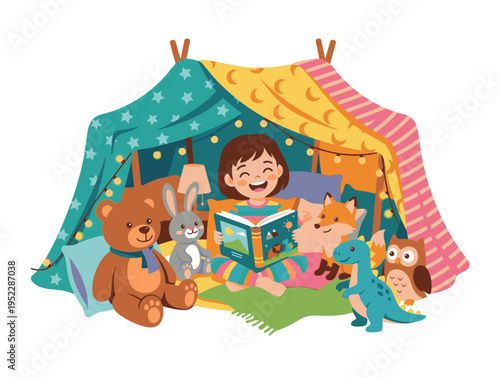 Child Happily Reading a Book in a Cozy Blanket Fort with Toy Animals