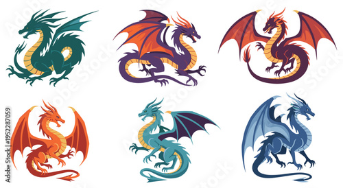 Six fantasy dragon creatures with wings and sharp claws isolated on white background