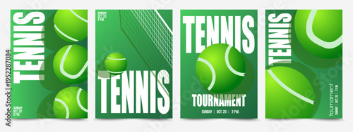 Sport background for lawn tennis tournament invitation. Poster template with green tennis balls on court. Trendy vector illustration