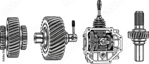 Technical Gear Mechanism Engraving Illustration Featuring Transmission Components Gearbox Assembly And Mechanical Parts Isolated On White Background For Engineering Industrial And Historical 