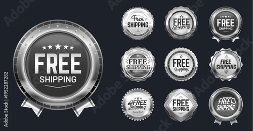 Free shipping silver labels, medals, badges and award seals with laurel wreaths. Sleek round badges adorned with stars, laurel wreaths, wavy edges. Premium vector insignias for ecommerce and retail