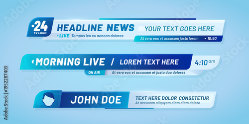 Blue and azure lower third info headers, news bars, broadcast titles and banners. Modern lower third templates, designed for professional news broadcast, sports update, digital media presentation
