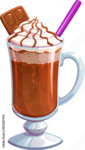 Coffee dessert drink. Tall glass mug filled with creamy chocolate and drizzled with chocolate syrup, drink topped with whipped cream swirls and choco piece. Cartoon vector hot drink, delicious treat