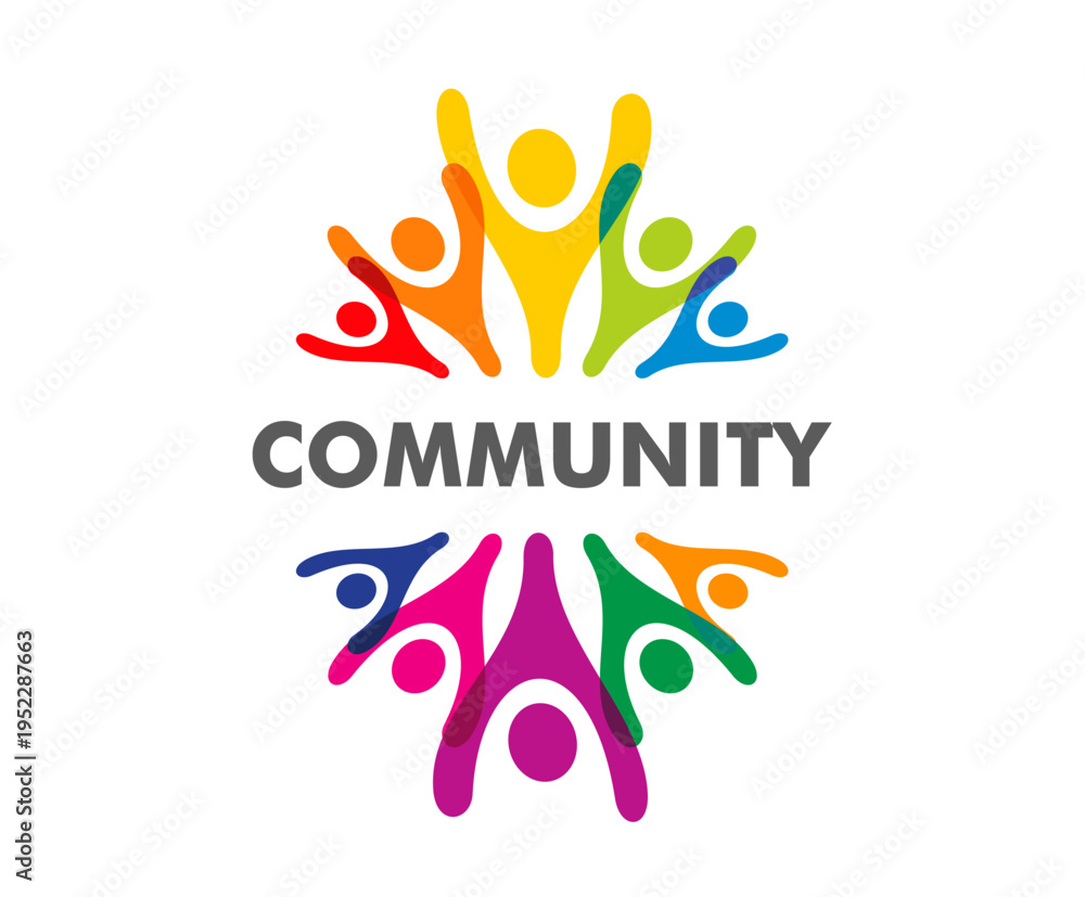 Fototapeta premium Happy family, people union, human community icon featuring abstract human figures with raised hands. Vibrant vector circular composition for nonprofit organization, family center, social initiative