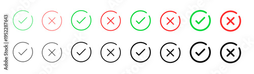 Set of check mark and cross icons in green, red, and black outline. Transparent background, graphic resources for design, approval, rejection, or decision making.