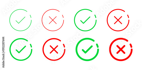 Set of green checkmarks and red crosses in circles, outline and solid variations, with transparent background, used for confirmation, rejection, or selection.