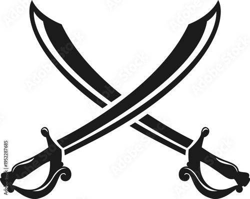 Crossed battle pirate sabers icon, corsair sword blades and daggers. Dynamic crossed weapons icon capturing the spirit of pirate warfare. Clean vector silhouette for nautical adventure game interfaces