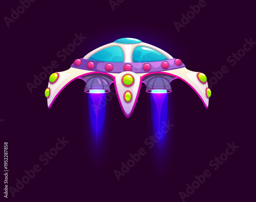 Cartoon unidentified flying objects game icon, UFO flying saucer, extraterrestrial spaceship asset. Playful UFO with lights and blue flames bursting from nozzle. Cartoon vector icon for space game