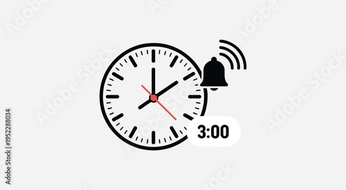 Alarm Clock Icon showing 3 o’clock time with ringing bell, vector illustration