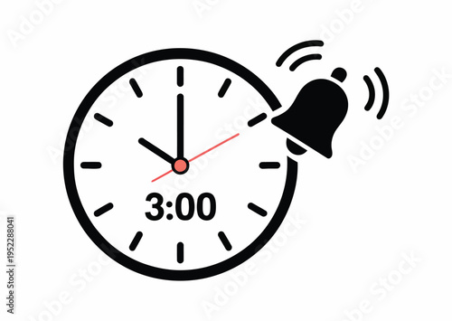 Alarm Clock Icon showing 3 o’clock time with ringing bell, vector illustration