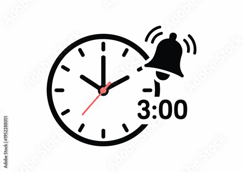 Alarm Clock Icon showing 3 o’clock time with ringing bell, vector illustration