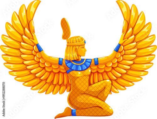 Ancient golden winged Egyptian goddess, Isis or Maat statue. Egypt game icon, treasure asset. Cartoon vector Egypt civilization deity with wide gold wings in kneeling pose, sacred symbol of protection