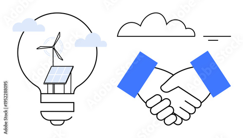 Renewable energy. Renewable energy portrayed through wind turbine bulb. Collaboration d with handshake. Renewable energy for clean technology, eco-friendly business, sustainable projects, teamwork