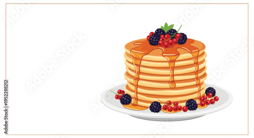 Stack of fresh pancakes topped with golden maple syrup and fresh forest berries on a white ceramic plate.