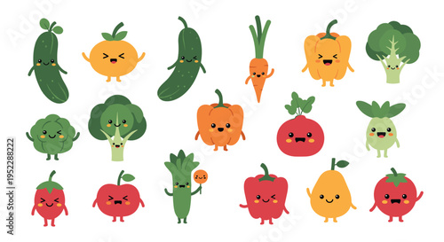 Large group of cute vegetable characters with arms legs and expressive faces in various fun poses on a white base.