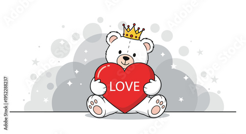 Adorable white teddy bear wearing a golden crown and holding a large red heart with the word LOVE on it.