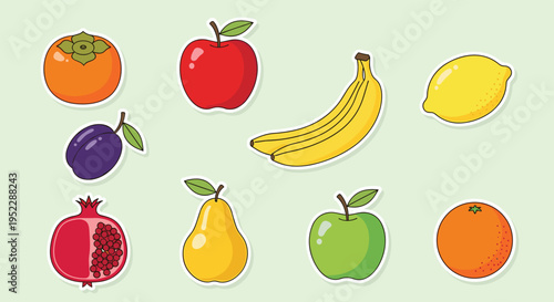 Set of colorful fruit and berry stickers on a light green background including banana apple lemon and pomegranate.