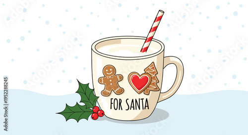 Cozy christmas mug for santa filled with hot cocoa and decorated with gingerbread cookies and festive holly leaves.