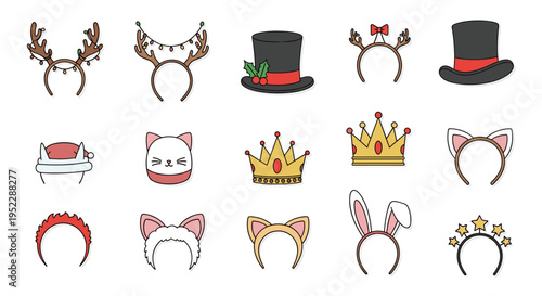 Collection of festive headbands and hats featuring reindeer antlers crowns cat ears and stars for party celebrations.