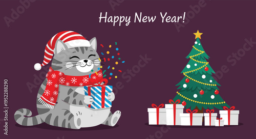 Happy grey cat wearing a red santa hat and scarf holding a striped gift box next to a glowing christmas tree.