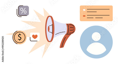Advertisement, branding, social media engagement, customer outreach, digital communication, business growth. A megaphone surrounded by icons of money, heart percentage user profile. Advertisement
