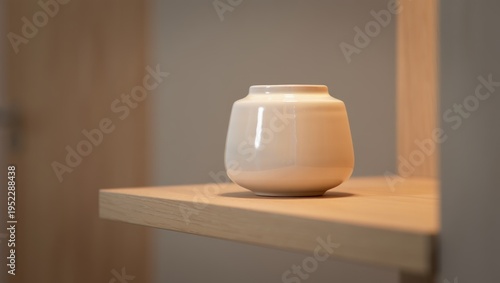 Mockup glossy ceramic vase wooden shelf displayed with warm studio light