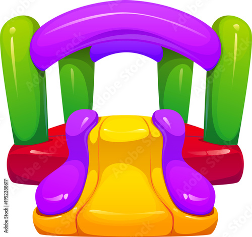 Trampoline park inflatable vector bouncy house with purple arches, green side pillars and wide yellow slide. Cartoon inflate house for amusement entertainment park and kids party playground
