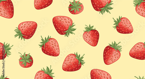 Seamless pattern of ripe red strawberries with green leaves scattered across a light yellow background for textile or wallpaper.