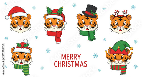 Set of six festive tiger characters celebrating Christmas with various hats and scarves under a merry Christmas greeting.
