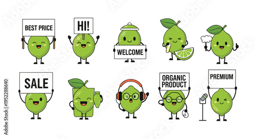 Collection of ten cute lime characters with different props like sale signs, headphones, and organic product labels.