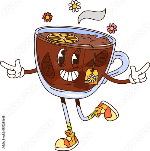 Cartoon groovy tea cup character. Isolated vector cheerful transparent teacup retro breakfast personage with teabag and lemon slices, exuding nostalgic funky vibes. Hot herbal drink mug evokes fun
