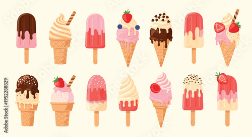 Large assortment of fourteen delicious ice cream treats including popsicles and cones with various toppings and flavors.