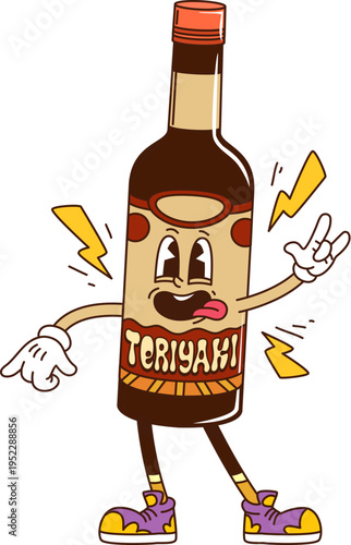 Cartoon funky groovy teriyaki sauce bottle character with quirky smile, tongue out and lightning bolts. Vector retro food personage with funky y2k nostalgic vibes. Vintage condiment snack container