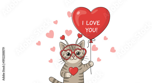 Sweet kitten wearing heart-shaped glasses and headband holding a red heart balloon that says I love you.