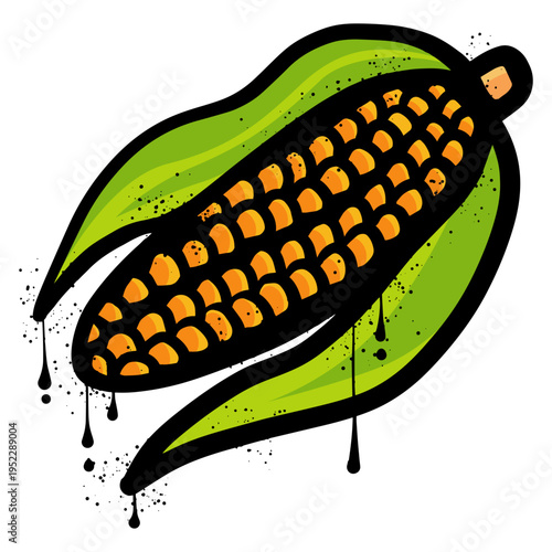 Corn graffiti with spray paint splatters and black drips.