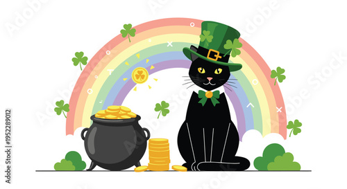 St. Patricks Day illustration featuring a black cat in a green top hat with a pot of gold and a rainbow.