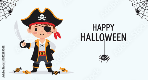 Young boy dressed in a pirate costume with a sword and eye patch for Halloween with a happy Halloween greeting.