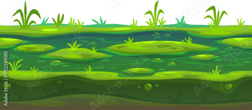 Game ground soil layers of green grass and water. Vector cartoon earth surface in garden or farm or forest meadow. Green horizontal land layer with water and plants for kids game