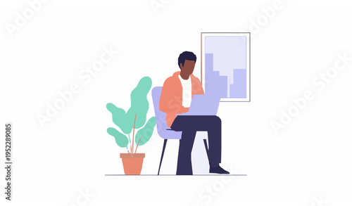 Black Man Working on Laptop Remote Work Flat Vector Illustration