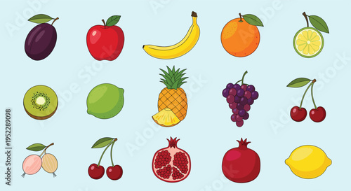 Colorful collection of various fruit icons including apple, banana, orange, pineapple, and grapes on a light blue background.