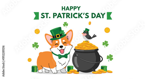 Adorable corgi wearing a leprechaun hat and bowtie sitting next to a pot of gold coins for a happy St. Patrick's Day celebration.