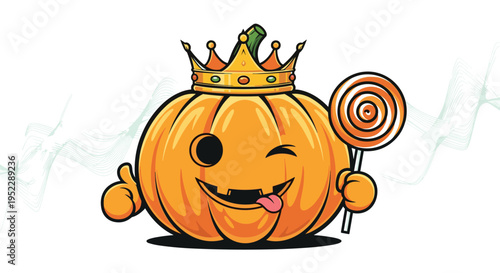 Playful Halloween pumpkin character wearing a golden crown and holding a lollipop while giving a thumbs up and winking.